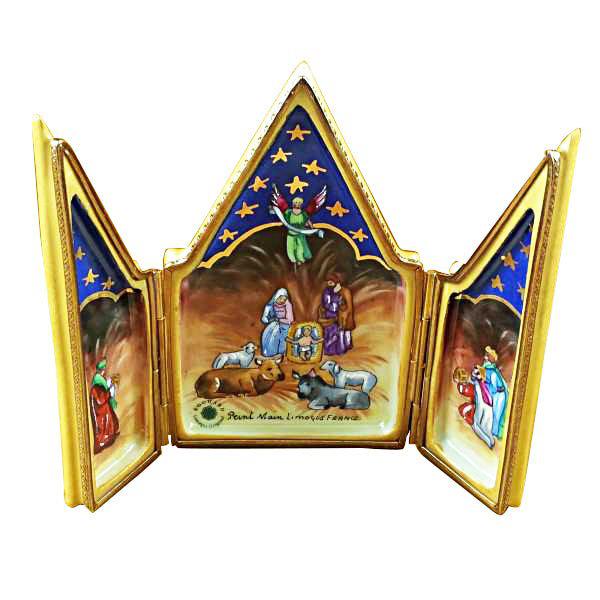 Triptych Nativity featuring the Holy Family in a serene setting