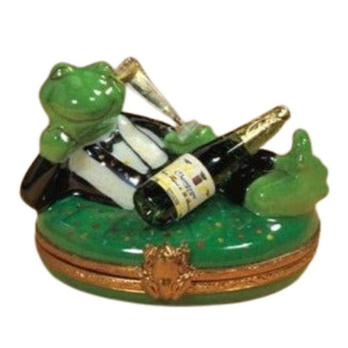 Tuxedo frog holding a glass of champagne in a classy attire 