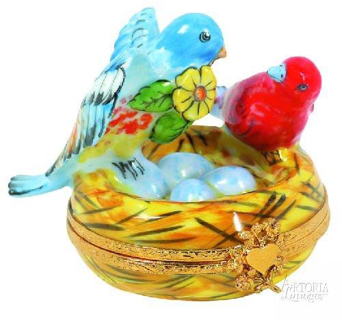 Two Birds In Nest - Handcrafted decorative bird nest with two lifelike birds perched inside