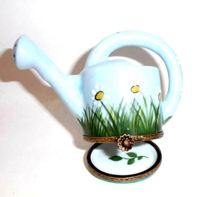 Watering can with daisies on a bright, sunny day