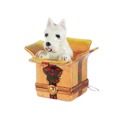 Westie Dog In Christmas Present Limoges Box Figurine - Limoges Box Boutique
