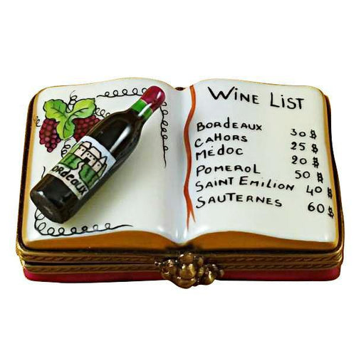 Vintage-style leather wine list book with wine bottle design embossed on the cover