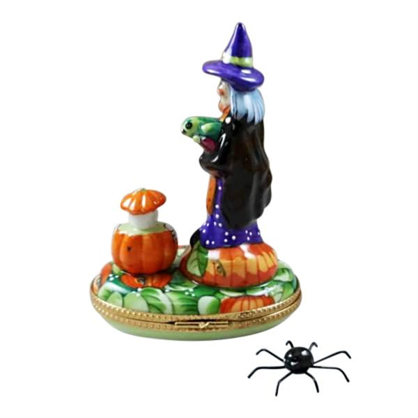 Halloween decoration featuring a witch, jack-o-lantern, and removable spider