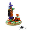 Witch holding a jack-o-lantern and a removable spider