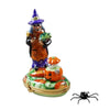 Spooky witch holding a jack-o-lantern and a removable spider
